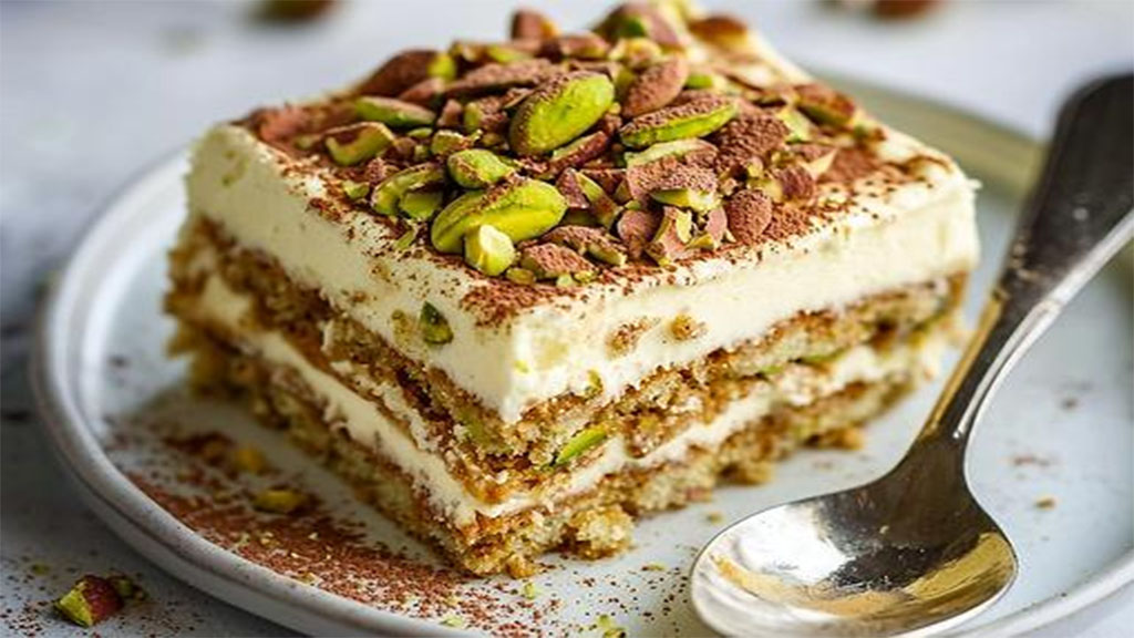 Delicioso tiramisu com pistache em prato branco