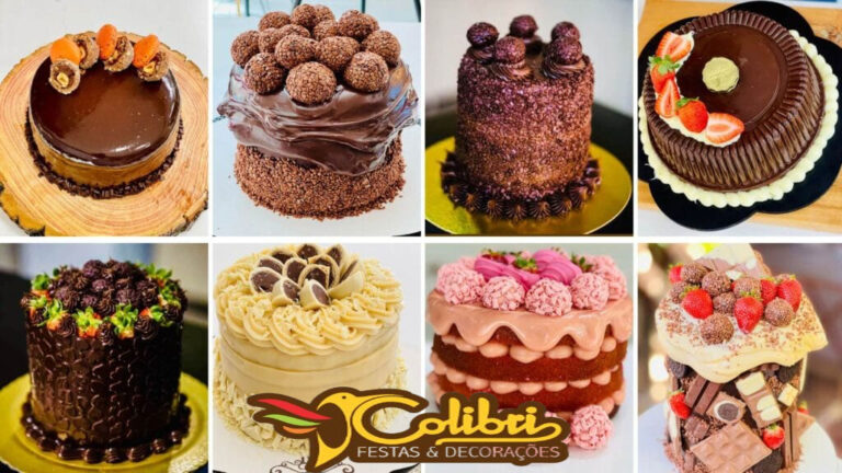 Diversos bolos decorados para festas e comemorações.
