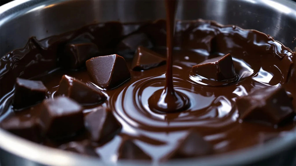 Chocolate derretido em panela, perfeito para sobremesas.